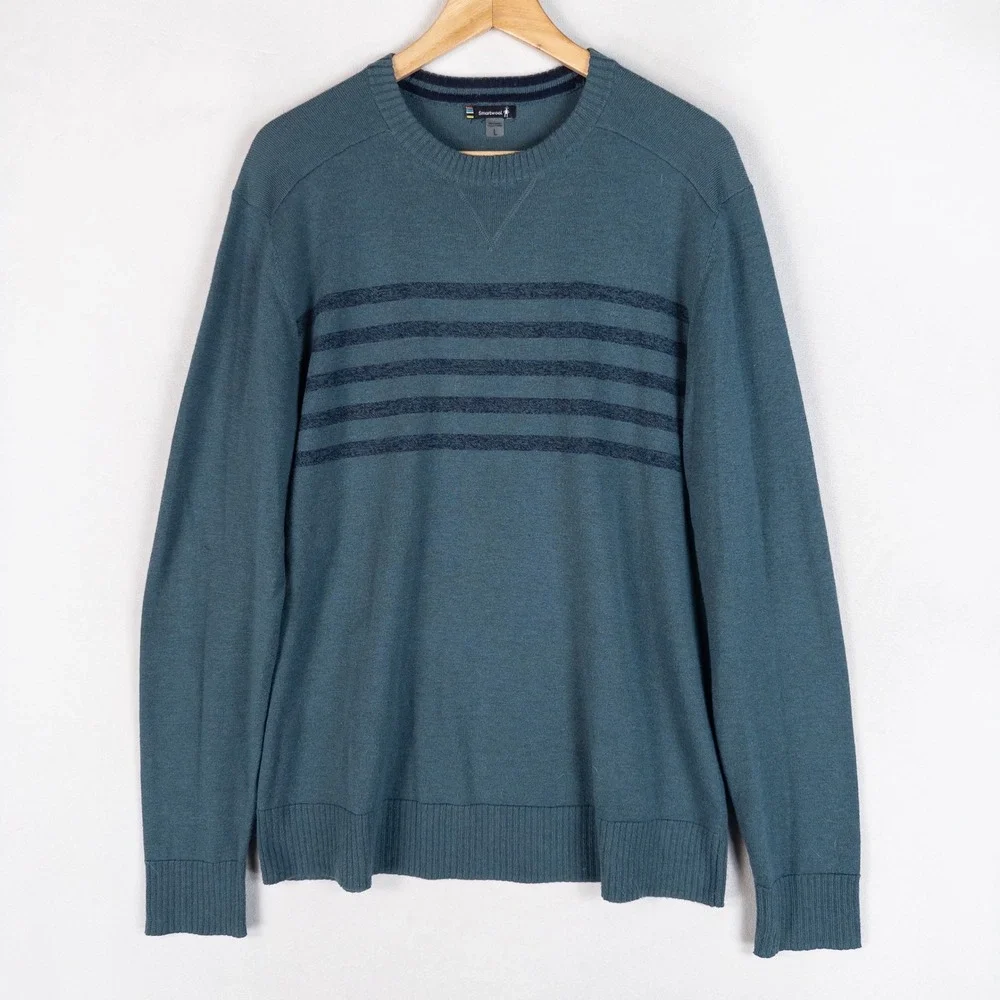 Smartwool Mens Sweater Large Blue Merino Wool Blend Striped Crewneck Pullover